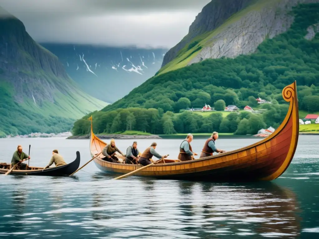 Artesanos construyen una nave vikinga con herramientas antiguas en un fiordo escandinavo