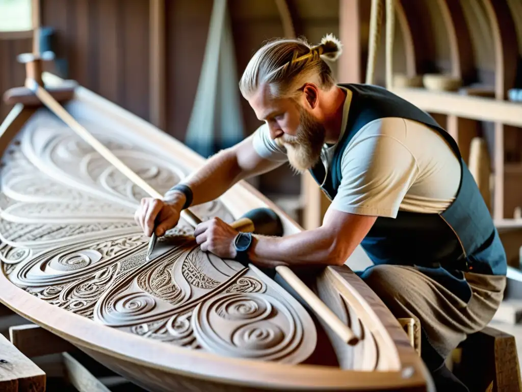 Artesanos vikingos esculpiendo diseños en un barco con herramientas y materiales, fusionando creatividad y expertise en la relación vikinga con el mar