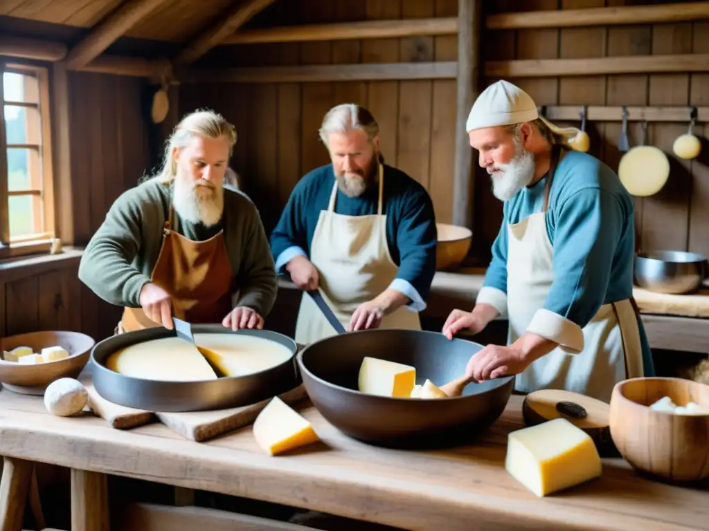 Artesanos vikingos elaborando quesos nórdicos en mesa de madera con herramientas - Técnicas vikingas para elaborar quesos nórdicos