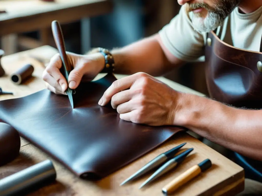 Artista creando accesorios vikingos de cuero con detalle y destreza artesanal en su taller