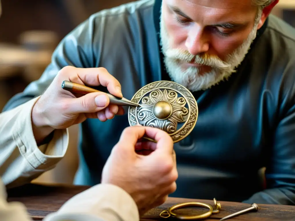 Artista restaurando broche vikingo antiguo con precisión y cuidado