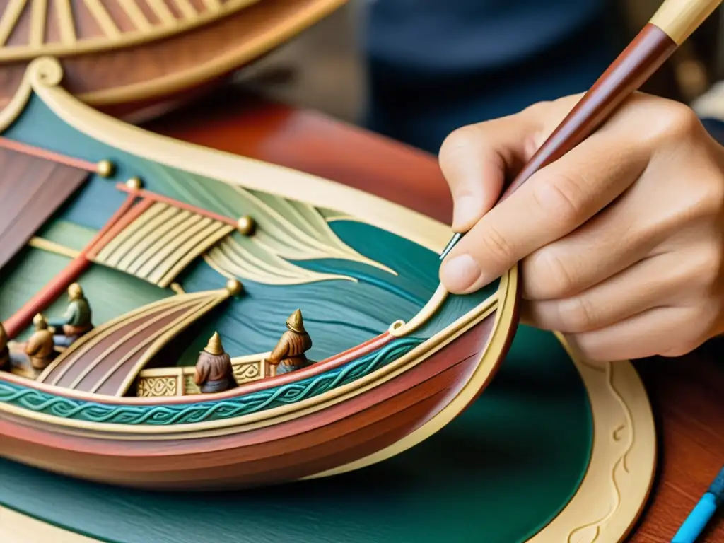 Artista pintando detallados diseños vikingos en un modelo de barco, con técnicas de pintura minuciosas y colores vibrantes