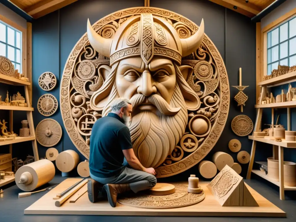 Un artista esculpe con detalle una estatua de madera de Odín en un taller lleno de simbología vikinga