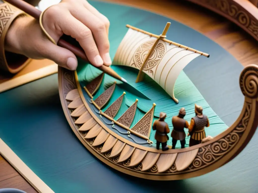 Un artista experto pinta meticulosamente un modelo de barco vikingo con técnicas de pintura, llenando la escena de autenticidad histórica