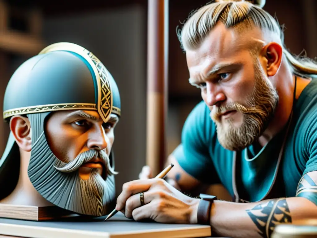 Un artista habilidoso utiliza técnicas avanzadas para pintar un modelo vikingo, capturando cada detalle con colores vibrantes y diseños intrincados