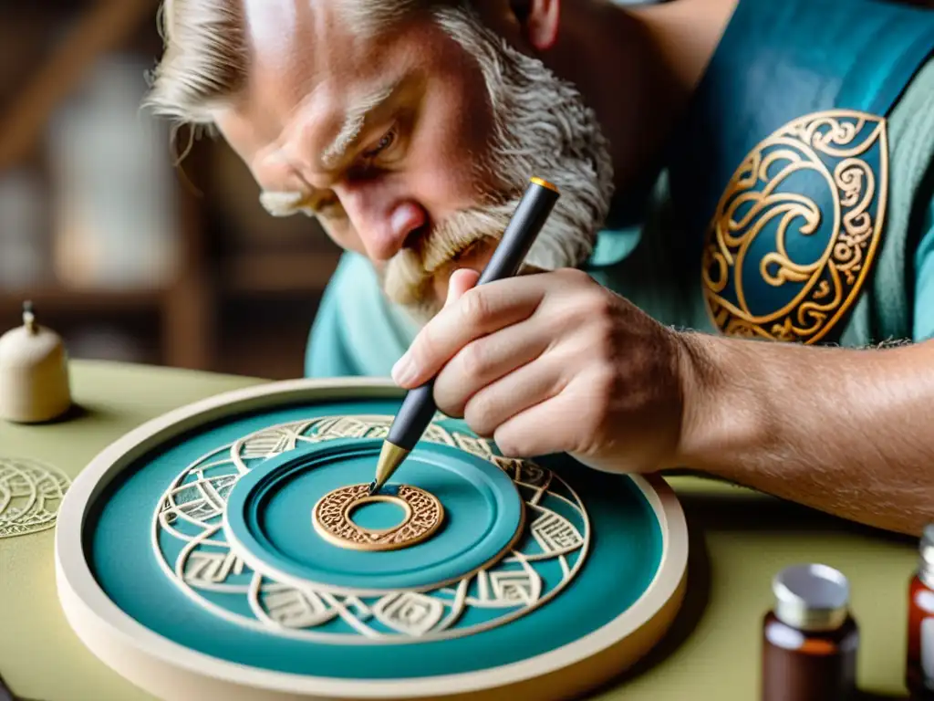 Un artista meticuloso pinta un modelo vikingo con intrincados diseños y patrones, usando pequeños pinceles y una lupa para capturar cada detalle