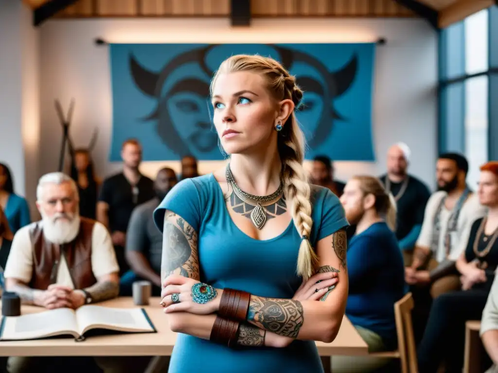 Una artista moderna recita historias vikingo en un estudio urbano, rodeada de arte y artefactos vikingos, cautivando a su audiencia diversa