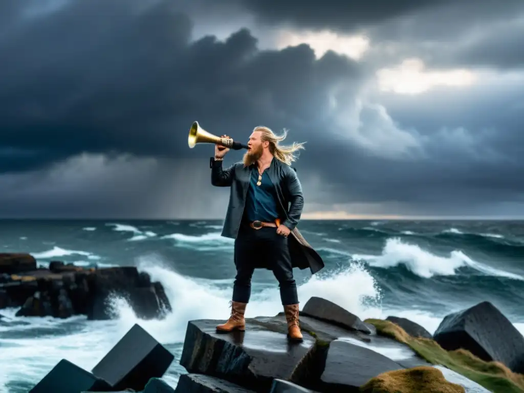 Un artista moderno recitando historias vikingas en un acantilado rocoso frente a un mar tormentoso, fusionando lo antiguo con lo nuevo