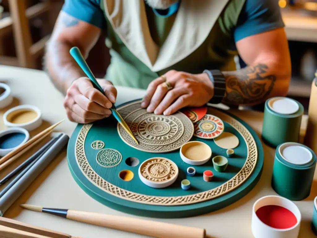 Un artista aplica técnicas pintar modelo vikingo con precisión, dando vida a la figura con colores vibrantes y atención meticulosa a los detalles