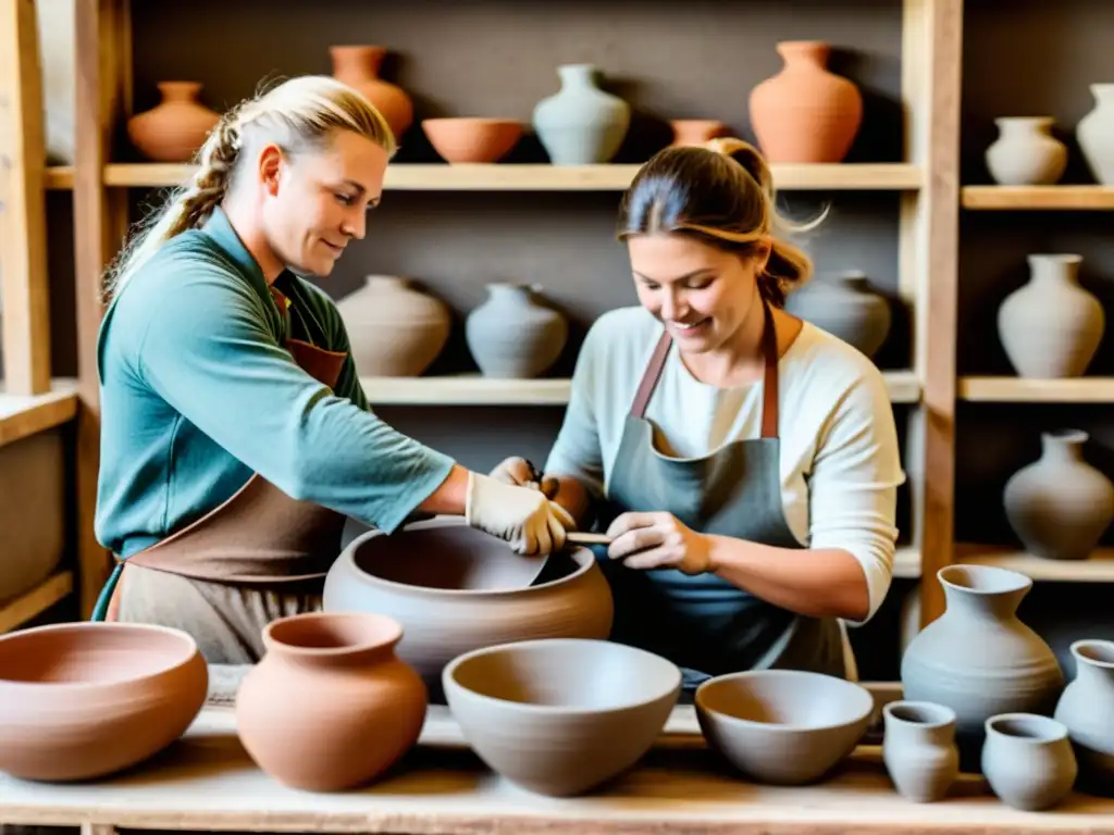 Artesanos vikingos creando cerámica: detalle y tradición Artistas creando cerámica vikinga en taller rústico, combinando arte nórdico y precisión artística