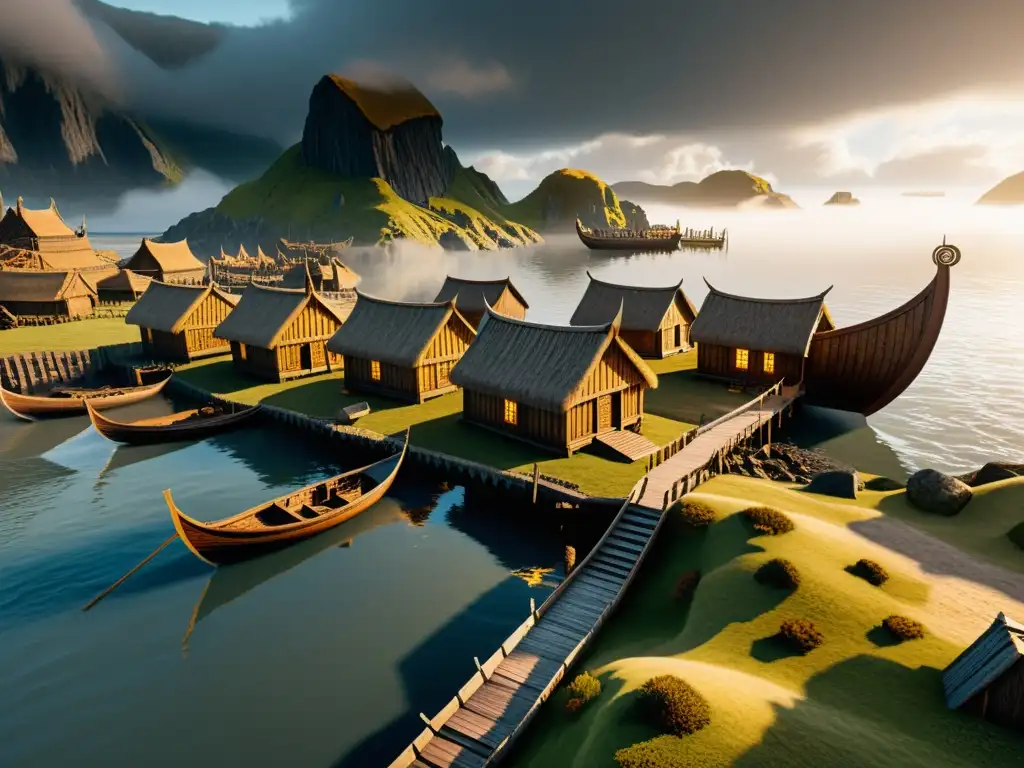 Explora un asentamiento vikingo en realidad virtual al amanecer con detalles arquitectónicos y naves vikingas