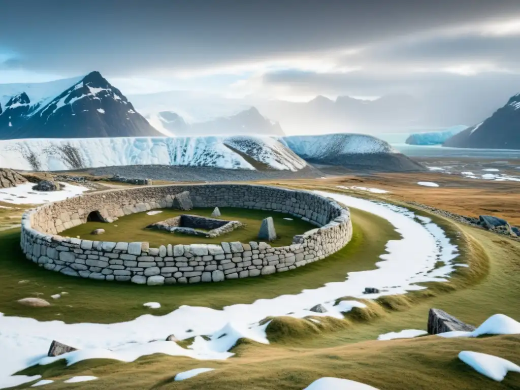 Asentamiento vikingo en Groenlandia: ruinas de stone structures y artefactos antiguos en paisaje nevado