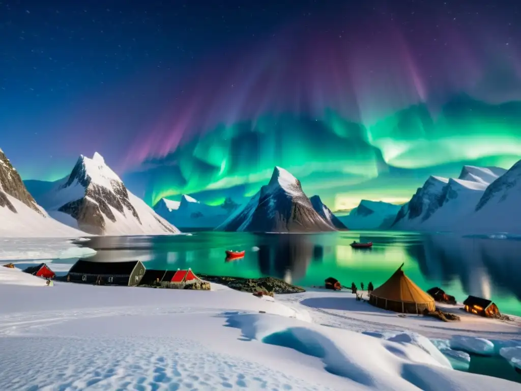 Asentamiento vikingo en Groenlandia: supervivencia y expediciones en un paisaje helado bajo la aurora boreal