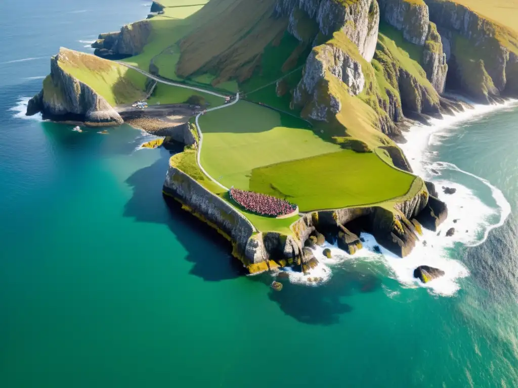 Asentamientos vikingos en Escocia: Vikingos desembarcando en la costa escocesa, con impresionantes acantilados y campos verdes