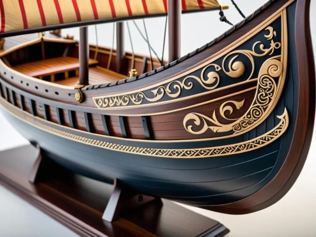 Una asombrosa réplica artesanal de un modelo de barco vikingo, detalle impresionante y artesanía excepcional