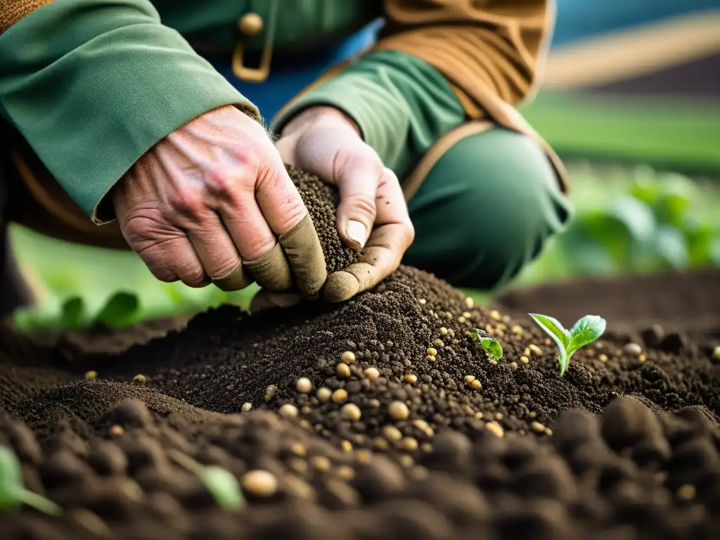 Las ásperas manos de un agricultor vikingo plantando granos antiguos en tierra fértil, destacando la conexión con la naturaleza