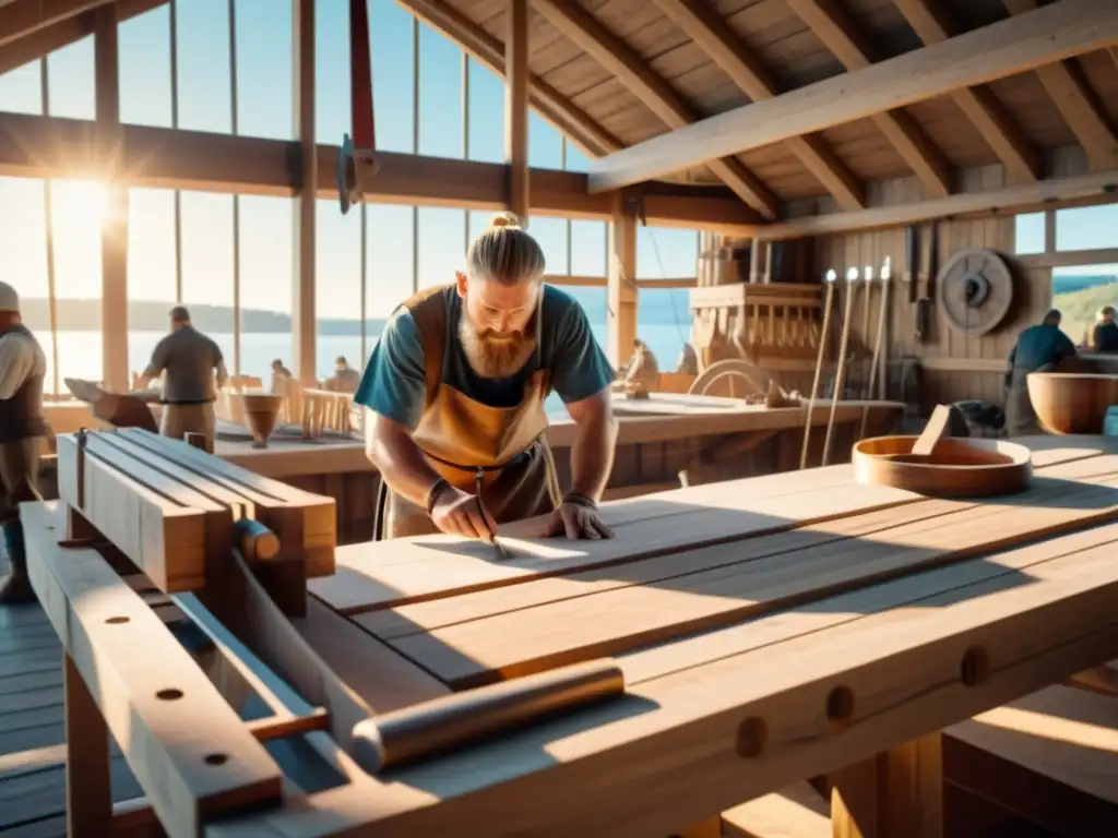 Construcción de Drakkar Vikingo: Fusión de diseño y matemáticas Un astillero vikingo bullicioso con artesanos construyendo un drakkar usando diseño matemático