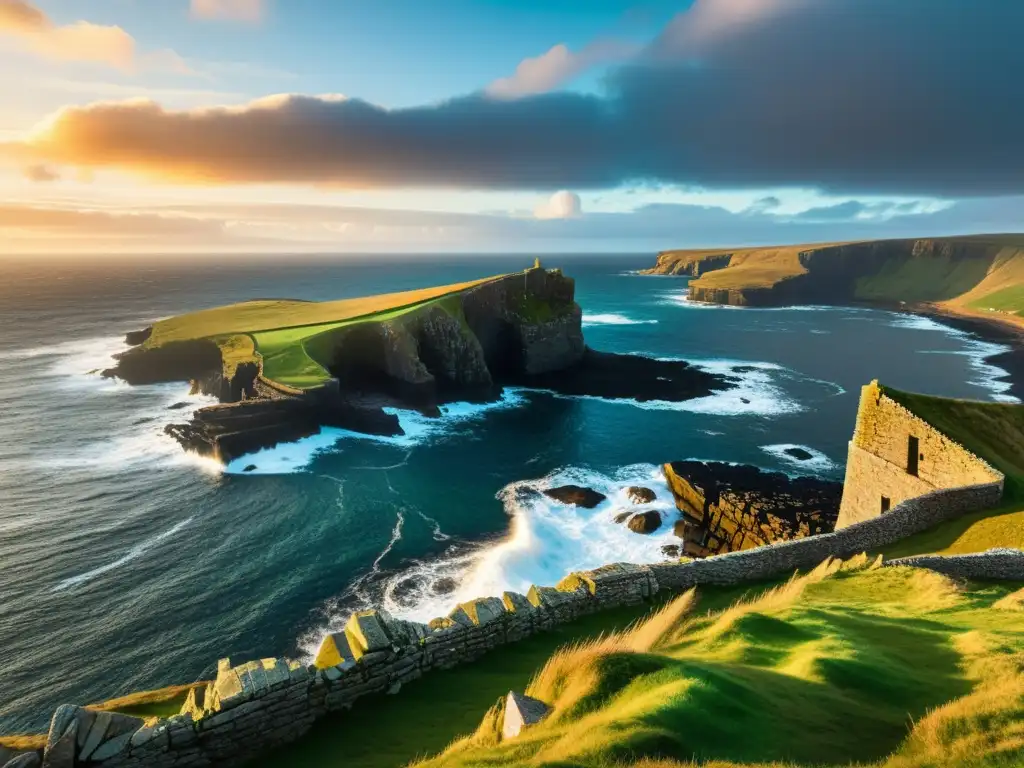 Atardecer en la costa de Orkney con ruinas vikingas, acantilados y aves marinas