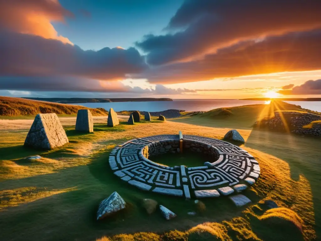 Atardecer dorado sobre asentamientos vikingos en Escandinavia, con runas y un drakkar en silueta