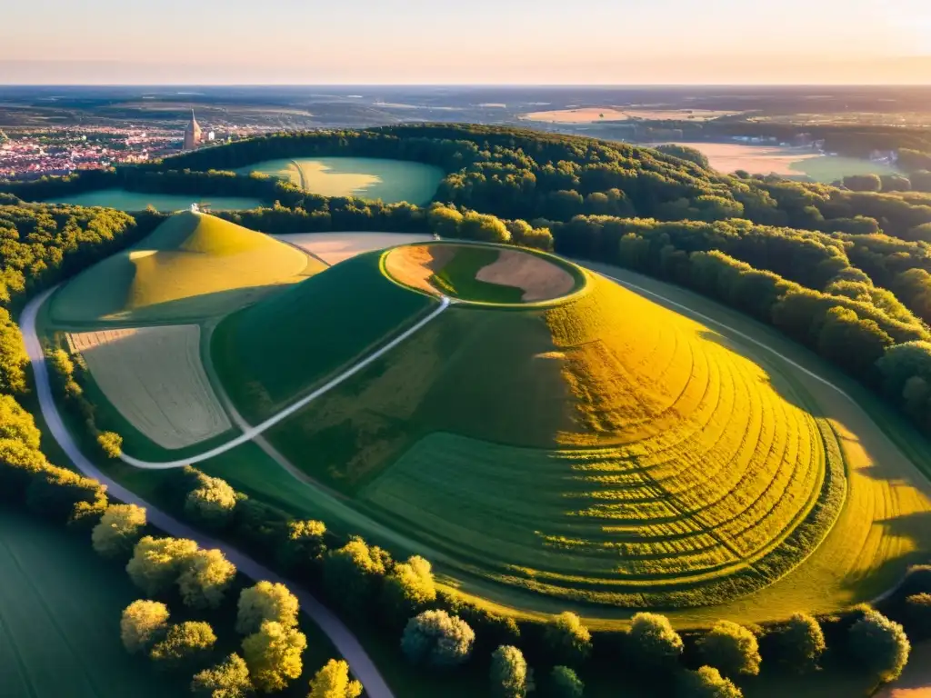 Un atardecer vibrante sobre el Valle de los Reyes Vikingos en Uppsala, Suecia, resaltando los antiguos túmulos funerarios