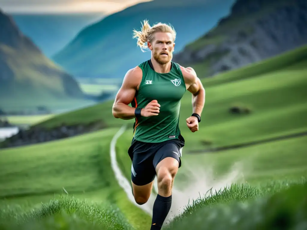 Un atleta moderno en acción con atuendo vikingo, corriendo en un campo verde con montañas al fondo