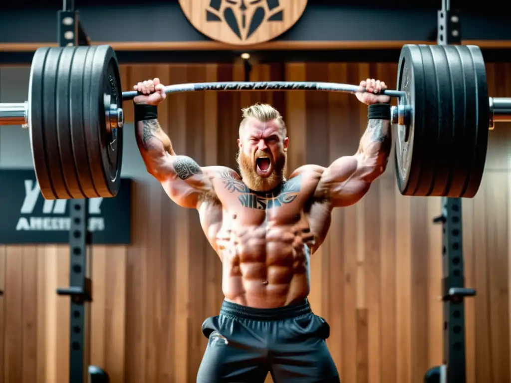 Un atleta musculoso levanta pesas con simbología vikinga en un gimnasio, fusionando fuerza y cultura nórdica