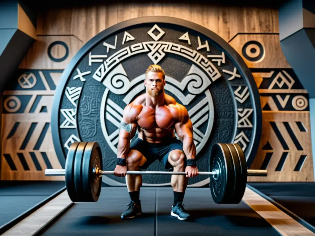 Un atleta musculoso realiza un potente levantamiento de pesas en un gimnasio moderno con símbolos vikingos, fusionando lo antiguo con lo contemporáneo