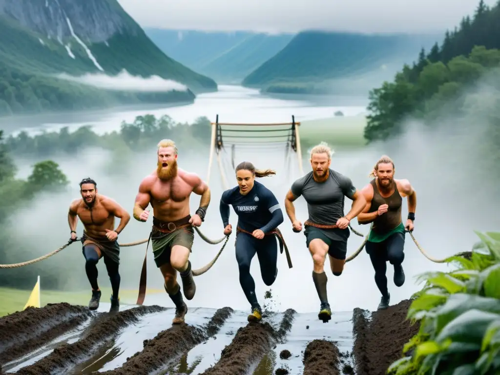 Atletas modernos compitiendo en un desafiante curso vikingo rodeado de naturaleza nórdica