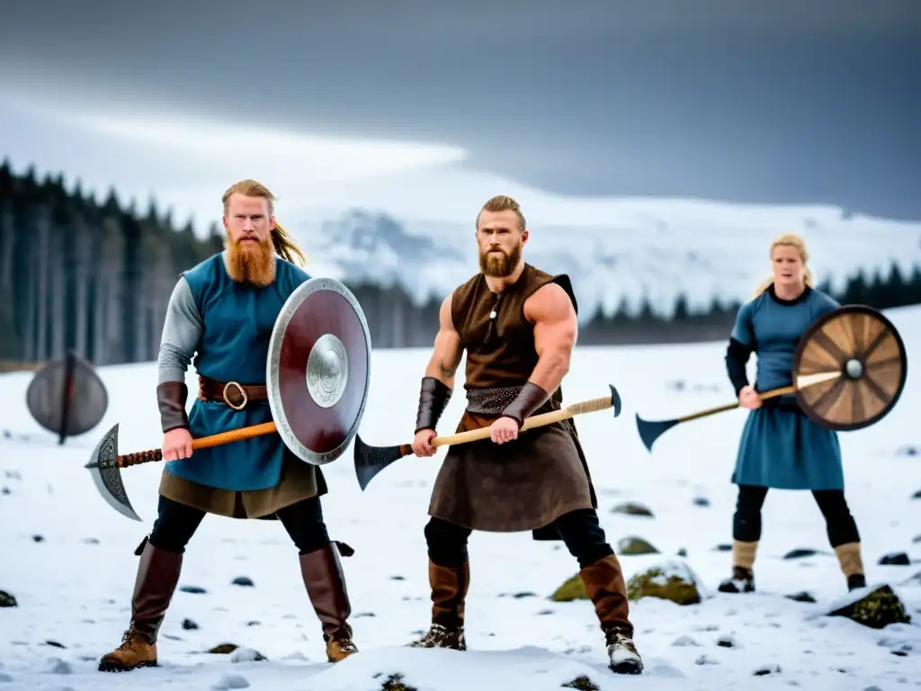 Atletas modernos entrenando con Técnicas de supervivencia vikinga modernas en paisaje nórdico nevado