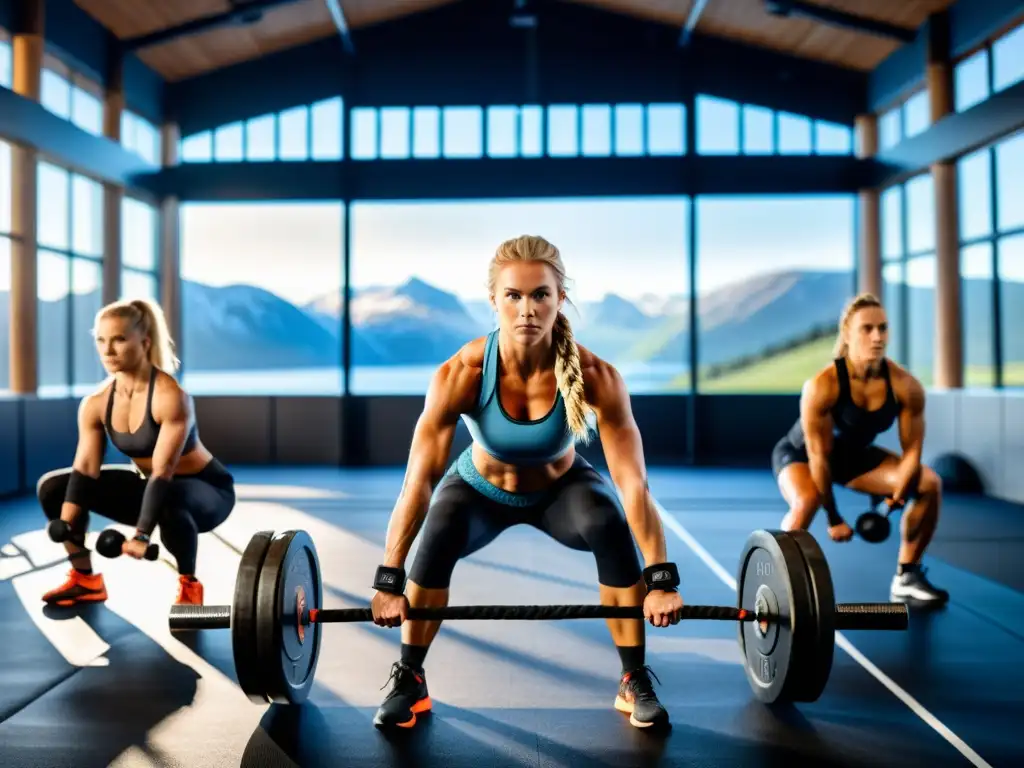 Atletas vikingos entrenan con determinación y fuerza en un gimnasio inspirado en la cultura nórdica