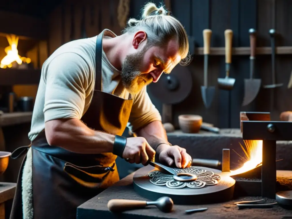 Confección atuendo vikingo paso a paso: Un herrero vikingo elaborando un broche de plata con forma de dragón en su taller iluminado por la fragua