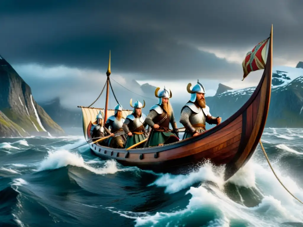 Audiolibros vikingos cultura mitología: Un drakkar vikingo navega en mares turbulentos con guerreros y paisajes nórdicos