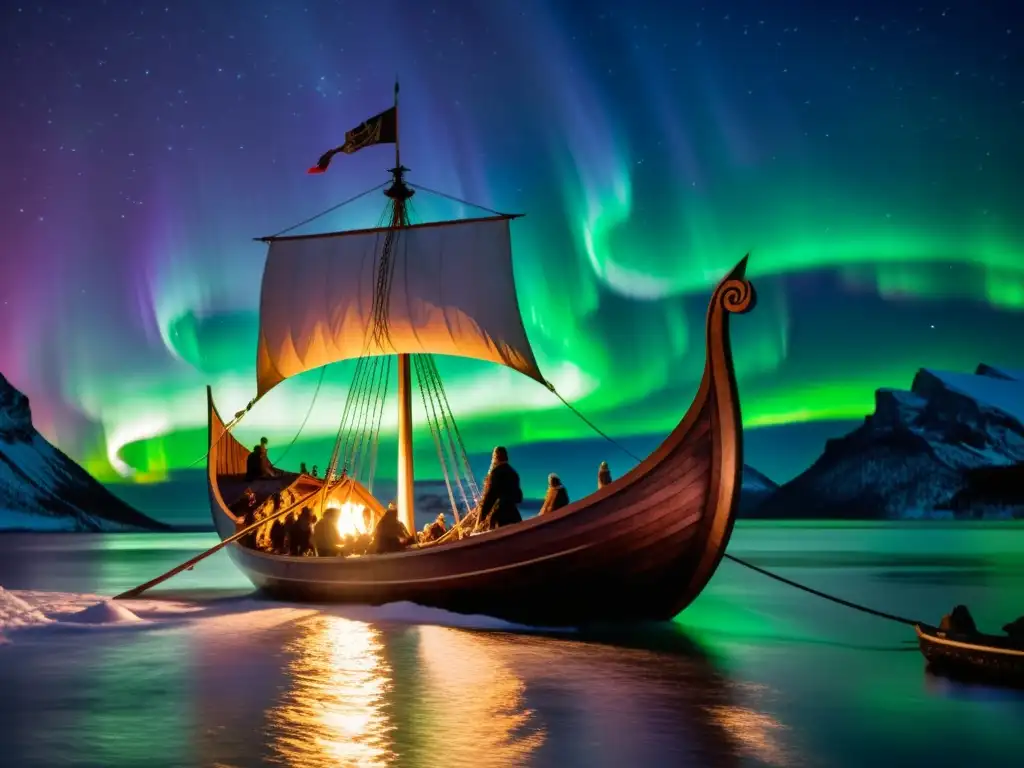 Producción audiovisual nórdico antiguo: Un drakkar vikingo navega bajo la aurora boreal, en una noche estrellada y misteriosa