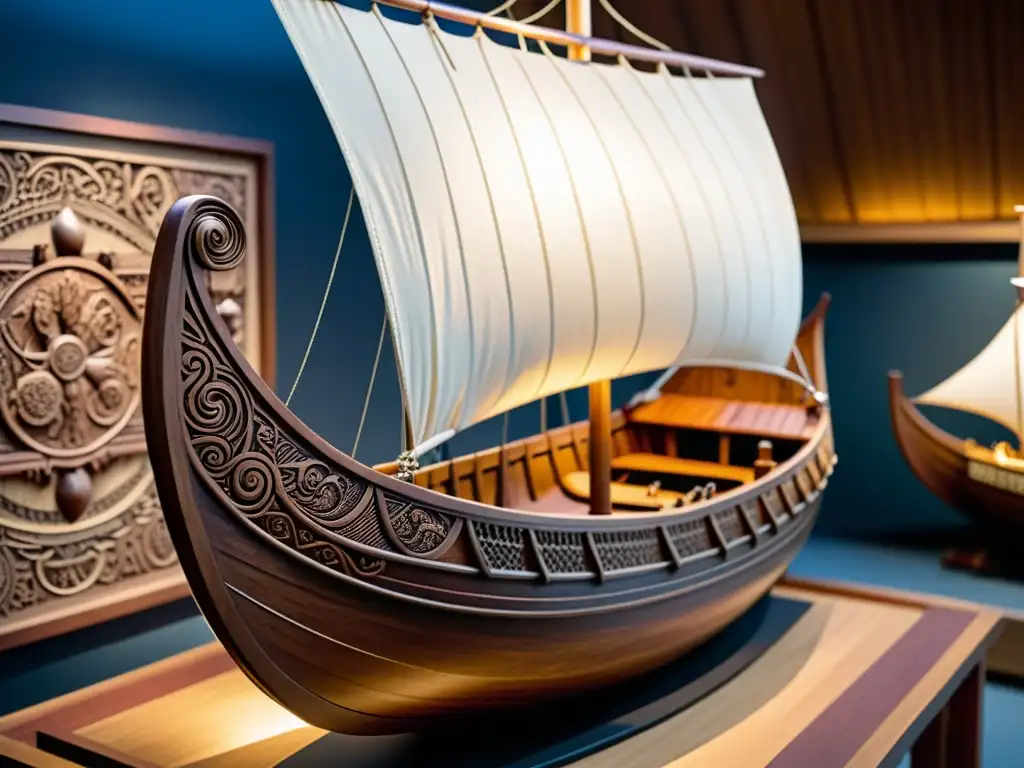 Réplica auténtica de un barco vikingo exhibida en un museo, mostrando detalles intrincados y diseño de vela auténtico