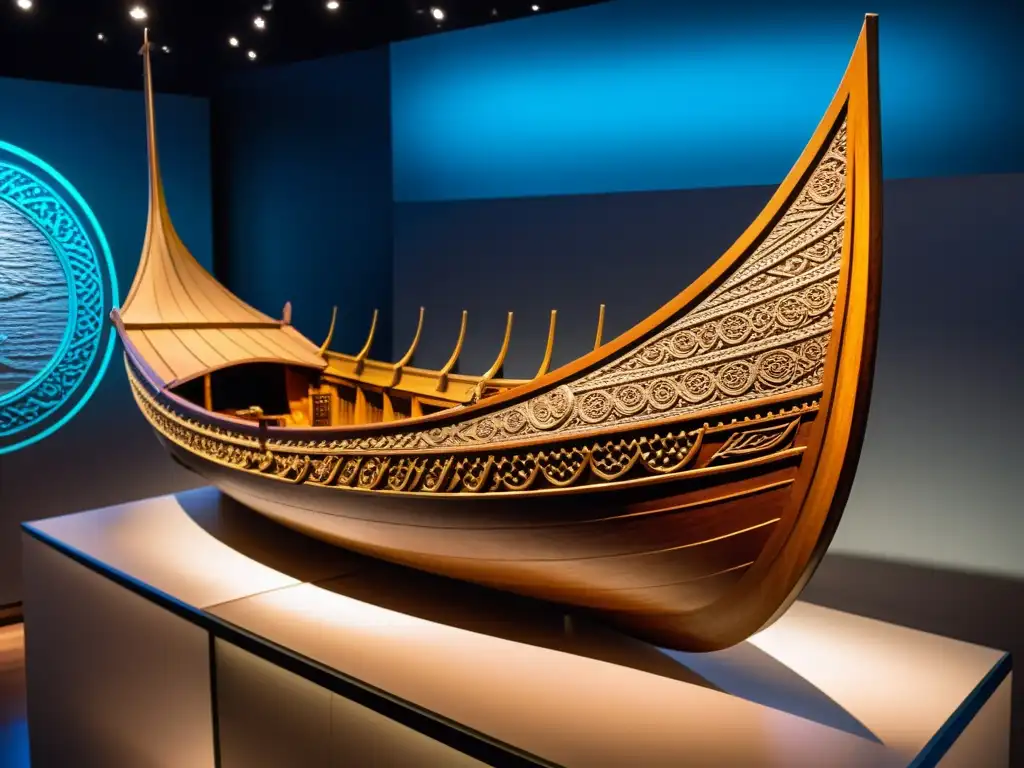 Réplica auténtica de un barco vikingo en museo, iluminado de forma dramática