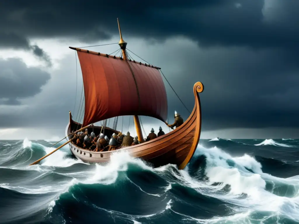 Épica travesía vikinga: guerreros en tormenta en alta mar Aventuras Vikingas Provocaron Tensiones: Barco vikingo en tormenta con guerreros en altamar