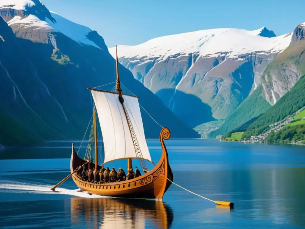 Expedición Vikinga: Navegando en un Fiordo Moderno Aventuras Vikingas Provocaron Tensiones: Un drakkar vikingo navegando en un fiordo moderno, rodeado de montañas nevadas bajo un cielo azul
