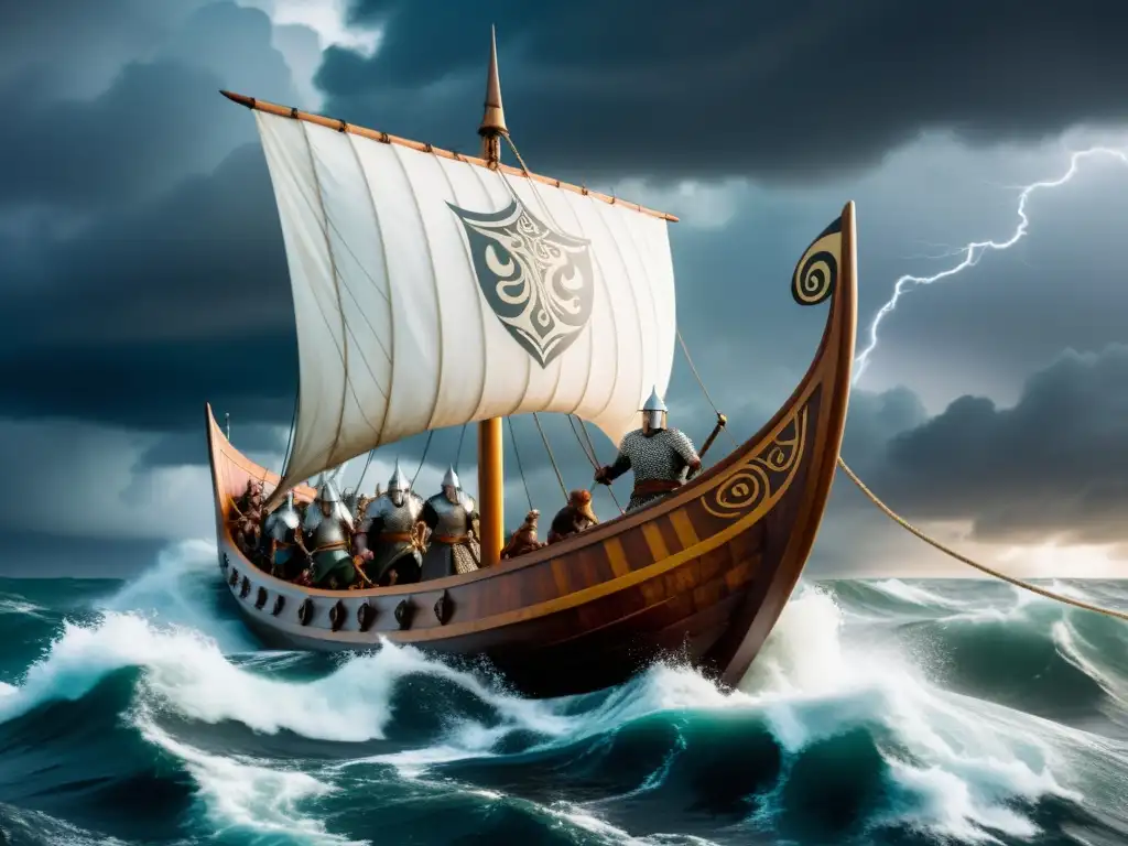 Una banda sonora épica vikinga: un drakkar tallado surca aguas turbulentas bajo un cielo dramático iluminado por relámpagos