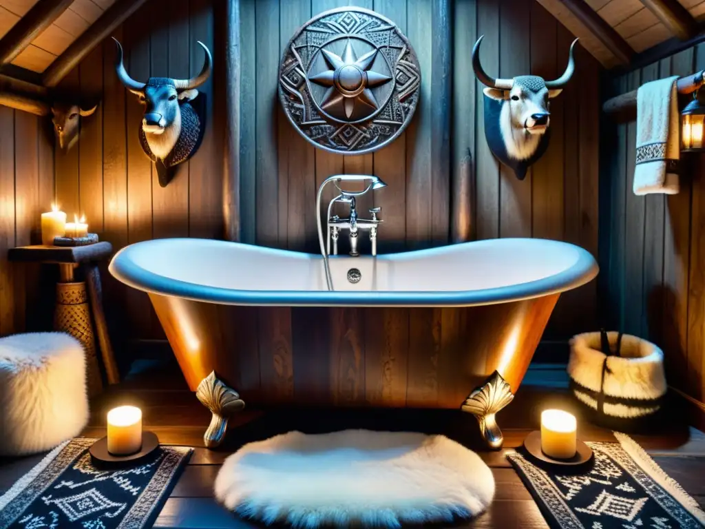 Un baño de spa vikingo con accesorios rústicos, velas y pieles, en una atmósfera acogedora