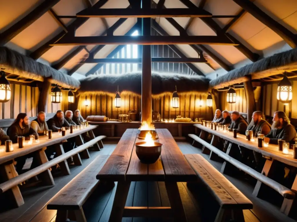 Un banquete en el interior de una casa vikinga, con guerreros y mesas repletas de cerveza y hidromiel, iluminado por antorchas