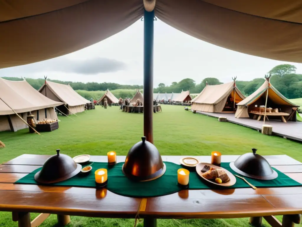 Organizar banquete decoración vikinga: Mesa larga de madera en aldea vikinga con platos abundantes y decoración tradicional