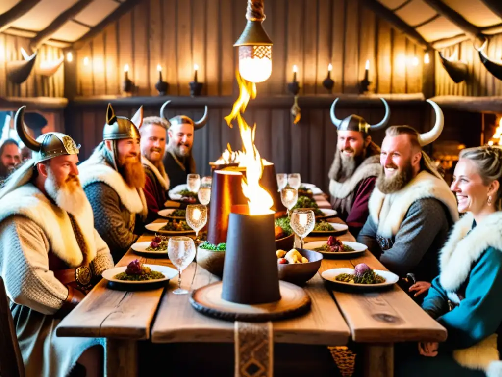 Organizar banquete decoración vikinga: Mesa festiva con comida, bebida y decoración vikinga en un gran salón de madera