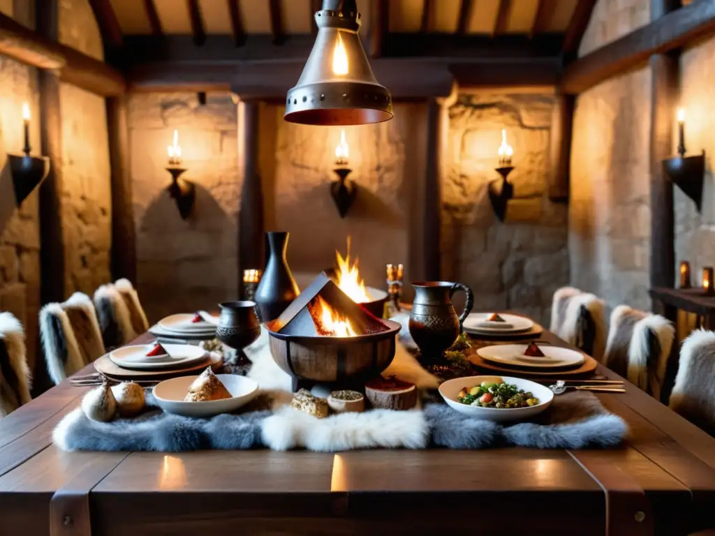 Organizar banquete con decoración vikinga: mesa de madera larga con detalles rústicos y ambiente medieval iluminado con antorchas