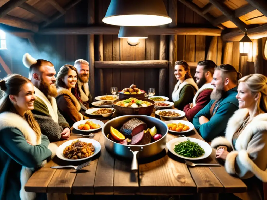 Un banquete vikingo en una cálida casa rústica, con personas vestidas a la antigua y una mesa llena de manjares