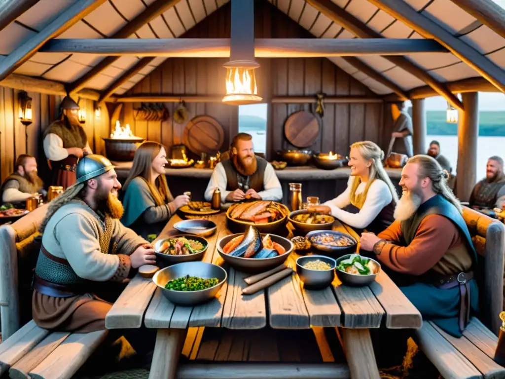 Un banquete vikingo en una casa larga con una mesa llena de platillos de pescado, resaltando los beneficios del pescado en vikingos