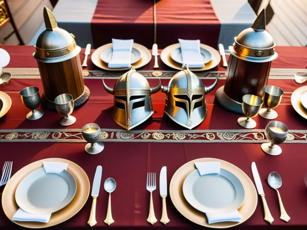 Un banquete vikingo detallado con mesa de madera larga y decoración vikinga rica y elaborada