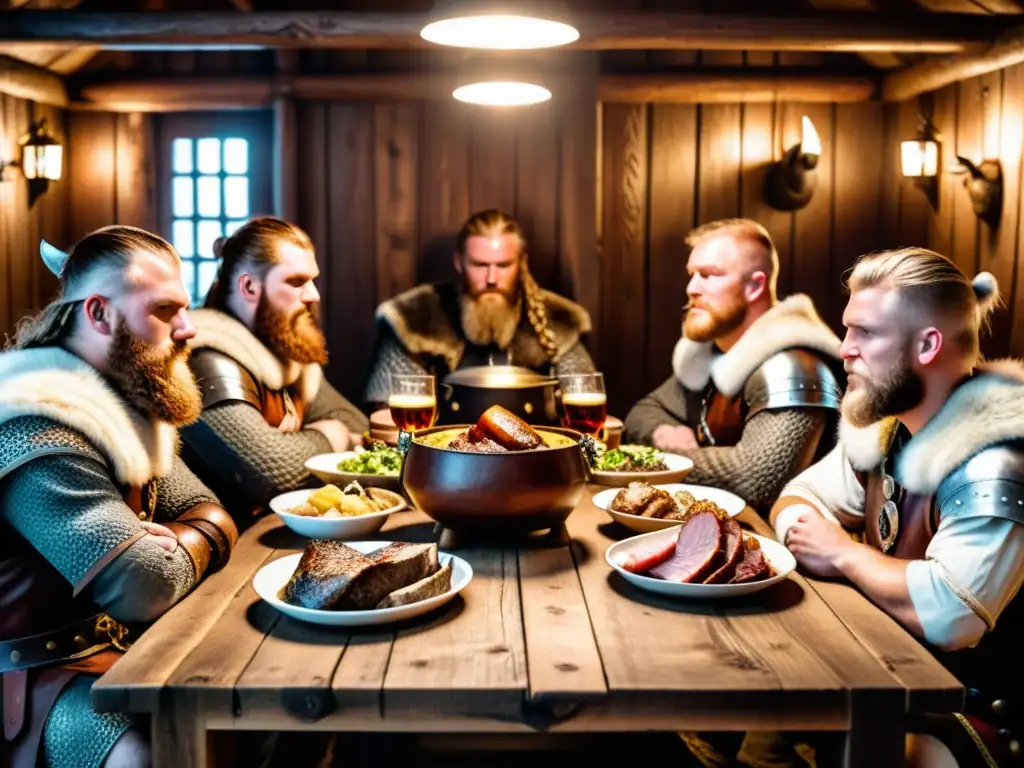 Un banquete vikingo con guerreros disfrutando de alimentos tradicionales vikingos en una mesa de madera