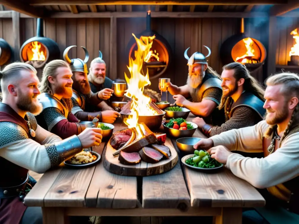 Un banquete vikingo: guerreros alzan cuernos en brindis en salón iluminado con antorchas y mesa repleta de comida