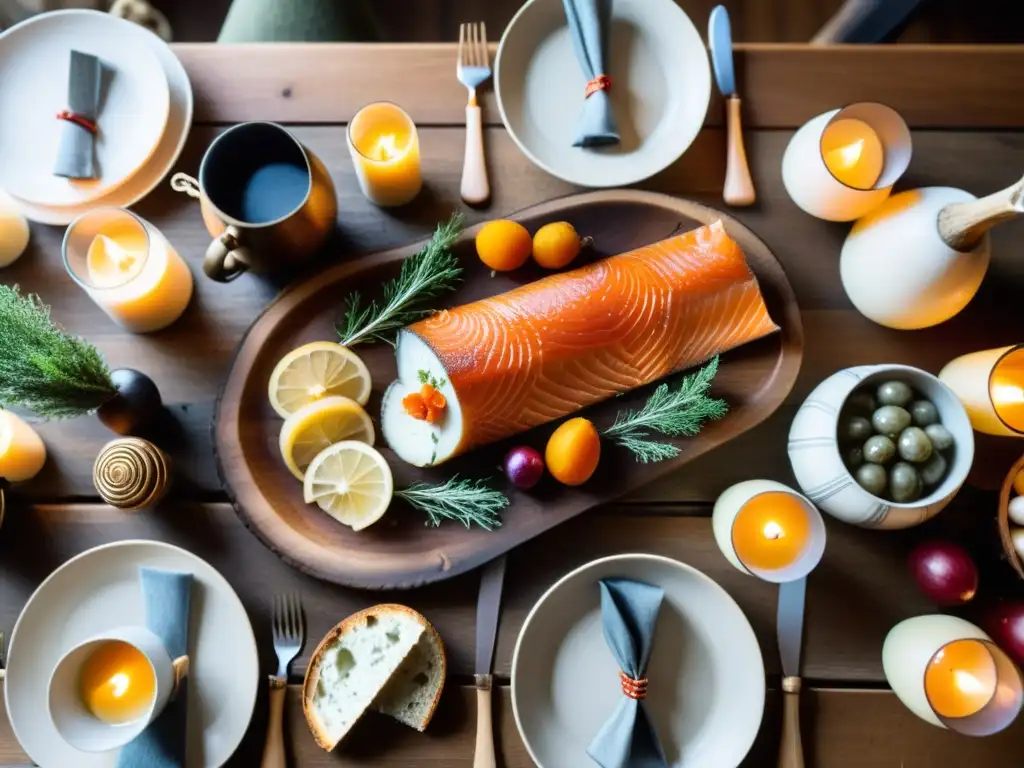 Un banquete vikingo moderno con delicias nórdicas tradicionales en una mesa de madera