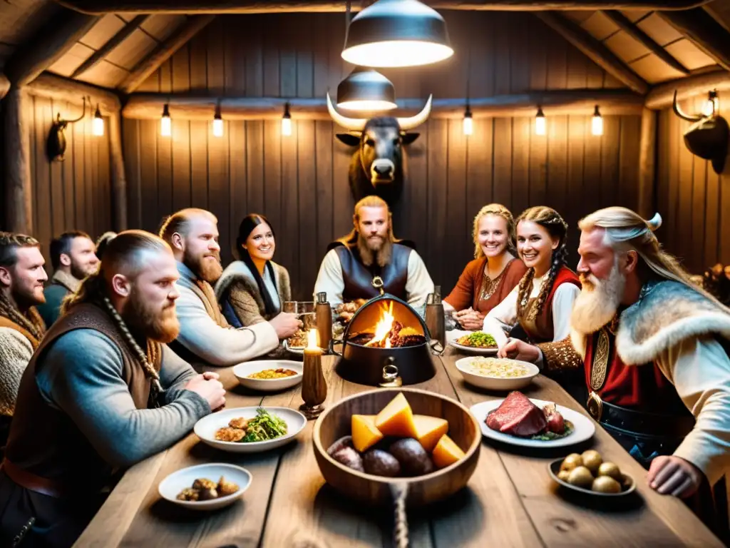 Un banquete vikingo moderno: individuos vestidos a la antigua alrededor de una mesa repleta de comida vikinga